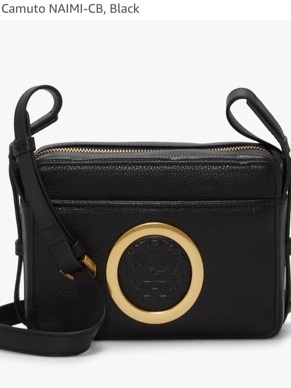 Vince Camuto Black Pebbled Leather Crossbody with Gold Ring Medallion